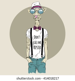 tattooed giraffe hipster in cool t-shirt , furry art illustration, fashion animals, hipster animal, dressed up animals