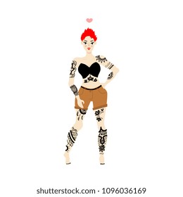 Tattooed girl with red hair standing in shorts. Body positive concept. Young female character, adult woman portrait with abstract tattoo. Vector flat isolated illustration.