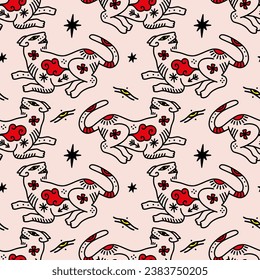 Tattooed groovy funny asian cat Japanese doodles seamless pattern background. Beautiful wild cats texture, repeated contour animals. Ornament, cloth print or wrapping paper.