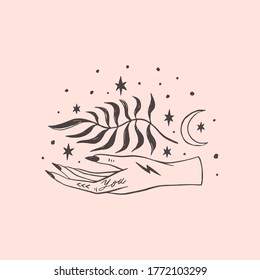 Tattooed hand yoga meditation art. Wild moonchild. Modern witch concept. Witchcraft culture. Harmony and zen. Crescent moon magic symbols. Vector illustration.