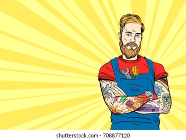 Tattooed hipster auto mechanic. Fashion illustration. Pop art hand drawn vector.