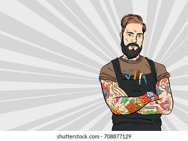 Tattooed hipster barber man. Fashion illustration. Pop art hand drawn vector.