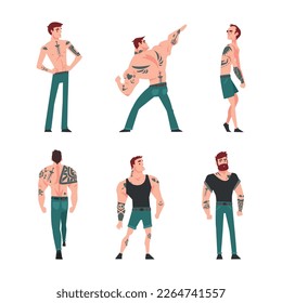 Tattooed or Inked Man in Standing Pose Vector Set