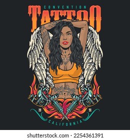 Tattooed Latino girl colorful flyer with white angel wings and woman calling to visit cool tattoo parlor vector illustration