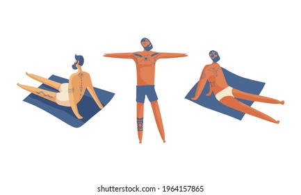 Tattooed Man Standing and Sitting on Beach Towel Sunbathing Vector Set