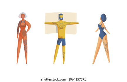 Tattooed Man and Woman Standing and Lying on Beach Sunbathing Vector Set