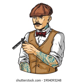 Tattooed mustached barber in irish cap holding straight razor on white background isolated vector illustration