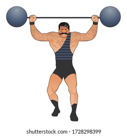 Tattooed and mustachioed strongman dressed in the old way, lifting weights, isolated on white background
