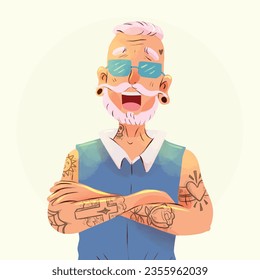 Tattooed Old Person. Vector Illustration. Illustration Tattooed Old people. Forever young. Funny old rock fan. Active senior man.