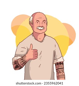 Tattooed Old Person. Vector Illustration. Illustration Tattooed Old people. Forever young. Funny old rock fan. Active senior man.