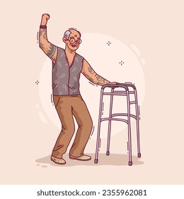 Tattooed Old Person. Vector Illustration. Illustration Tattooed Old people. Forever young. Funny old rock fan. Active senior man.