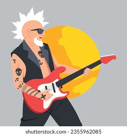 Tattooed Old Person. Vector Illustration. Illustration Tattooed Old people. Forever young. Funny old rock fan. Active senior man.