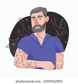 Tattooed Old Person. Vector Illustration. Illustration Tattooed Old people. Forever young. Funny old rock fan. Active senior man.
