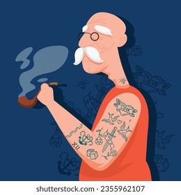 Tattooed Old Person. Vector Illustration. Illustration Tattooed Old people. Forever young. Funny old rock fan. Active senior man.
