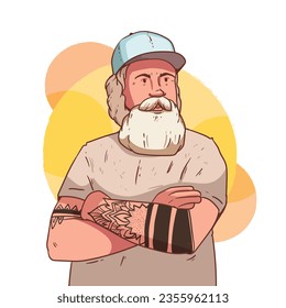 Tattooed Old Person. Vector Illustration. Illustration Tattooed Old people. Forever young. Funny old rock fan. Active senior man.