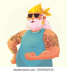 Tattooed Old Person. Vector Illustration. Illustration Tattooed Old people. Forever young. Funny old rock fan. Active senior man.