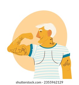 Tattooed Old Person. Vector Illustration. Illustration Tattooed Old people. Forever young. Funny old rock fan. Active senior man.