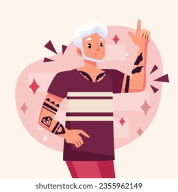 Tattooed Old Person. Vector Illustration. Illustration Tattooed Old people. Forever young. Funny old rock fan. Active senior man.