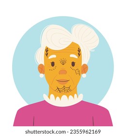 Tattooed Old Person. Vector Illustration. Illustration Tattooed Old people. Forever young. Funny old rock fan. Active senior man.
