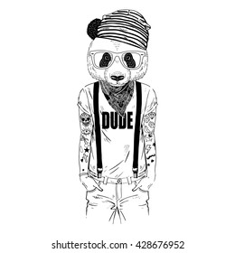 tattooed panda hipster boy dressed up in cool t-shirt, furry art illustration, fashion animals, hipster animals