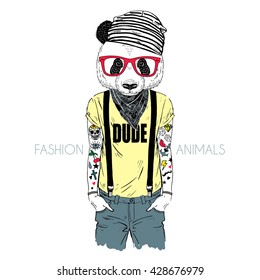 tattooed panda hipster boy dressed up in cool t-shirt, furry art illustration, fashion animals, hipster animals