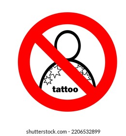 Tattooed persons are not allowed to enter. Round red forbidding sign. Vector illustration. For stickers, posters, signage.