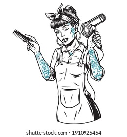 Tattooed pretty winking female barber with comb and hair dryer in vintage monochrome style isolated vector illustration