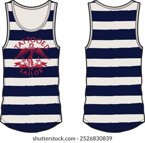 Tattooed Sailor, a tattoo inspired sailor striped tank top with one colored front print