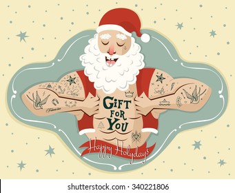 Tattooed Santa Claus. Banner, placard, party invitations, cover design or card template. Vector Illustration