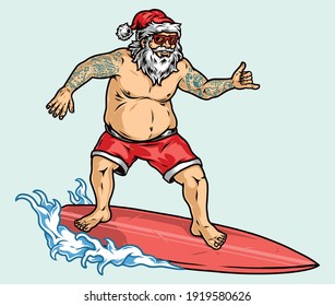 Tattooed Santa Claus in sunglasses surfing wave and showing shaka gesture in vintage style isolated vector illustration