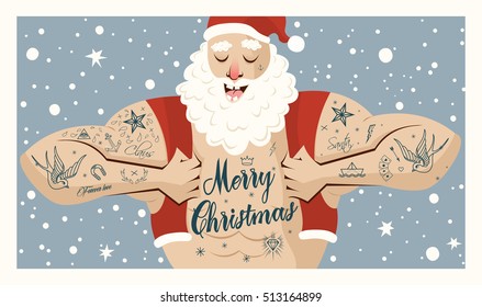 Tattooed Santa Claus, vector card.