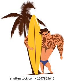 tattooed surfer waiting for a wave under a palm tree