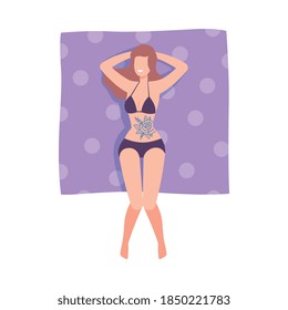 Tattooed Woman in Swimming Suit Lying on Beach Towel Top View Vector Illustration