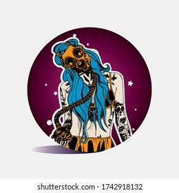 Tattooed woman wearing a blue hair poisoning mask