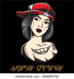 tattooed woman wearing a slanted red hat