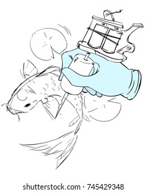 Tattooing a fish, vector sketch