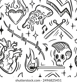 A tattooinspired pattern with hearts, skulls, and fire, showcasing bold, colorful artistry