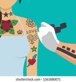 Tattooist artist paint girl body with tattooing machine. Tattoo vector illustration
