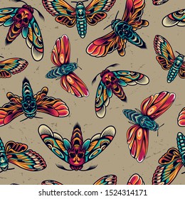 Tattoos colorful seamless pattern with spooky dead head butterflies and moths in vintage style vector illustration