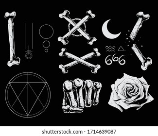 Tattoos elements. Bones symbols pentagram triple six numbers roses skelton fist crescent moon. Vector illustration