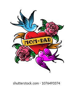 Tattoos With The Inscription Of Mom And Dad. Two Hearts With A Flower And A Bird. Vector Flat Tattoo. Congratulation For Parents With An Anniversary. A Tattoo For Loving Parents.