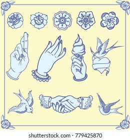 Tattoos in old school style. Vector editable elements. Vintage tattoo different flowers and roses in classic style. ice cream cone with hand, swallows and handshake 