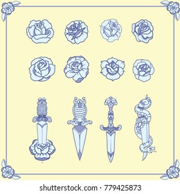 Tattoos in old school style. Vector editable elements. Vintage tattoo different flowers and roses in classic style. ice cream cone with hand, swallows and handshake 