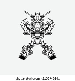 tattoos Outline black and white Illustration Vector Japanese Robot Gundam Custom Art