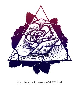  Tattoos Rose flower with sacred geometry frame.Tattoo, mystic symbol. Boho print, poster, t-shirt. textiles. Vector illustration art. Vintage engraving. Vintage style. Traditional art. Blackwork.