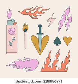 Tattoos set with fire elements. Lighter, flame, heart, match, knife etc. Hand drawn vector illustrations isolated on colorful background. Black contour, hot design. svg