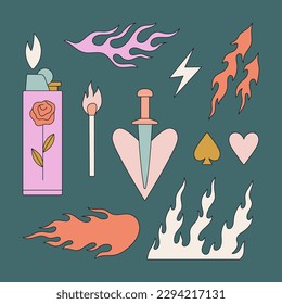 Tattoos set with fire elements. Lighter, flame, heart, match, knife etc. Hand drawn vector illustrations isolated on colorful background. Black contour, hot design.