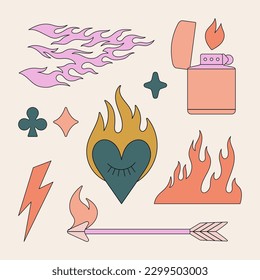 Tattoos set with fire elements. Lighter, flame, heart, arrow etc. Hand drawn vector illustrations isolated on colorful background. Black contour, hot design. svg