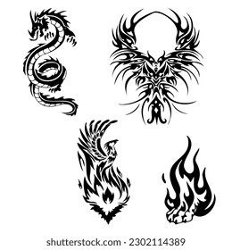 tattoos and stickers with fire and flame, phoenix bird, dragon, tiger paw with claws in fire. Black and white vector drawing EPS 10