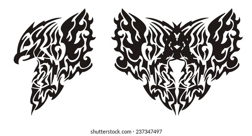 Tattoos of a tribal eagle and heart in the butterfly form